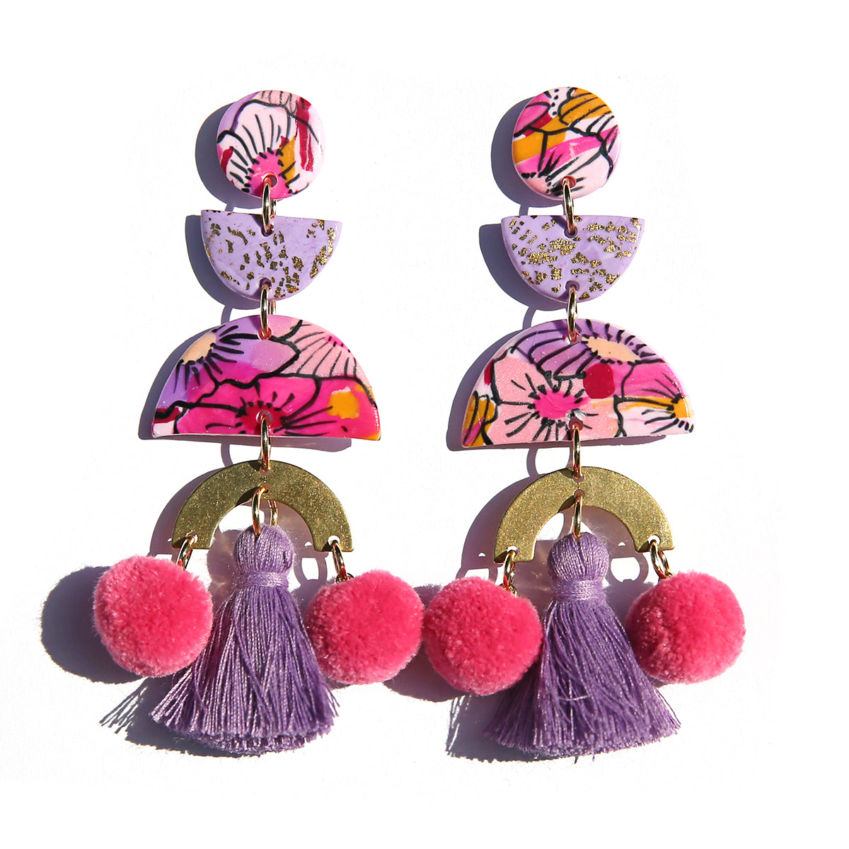 Lilac Flower Pom Pom Earrings