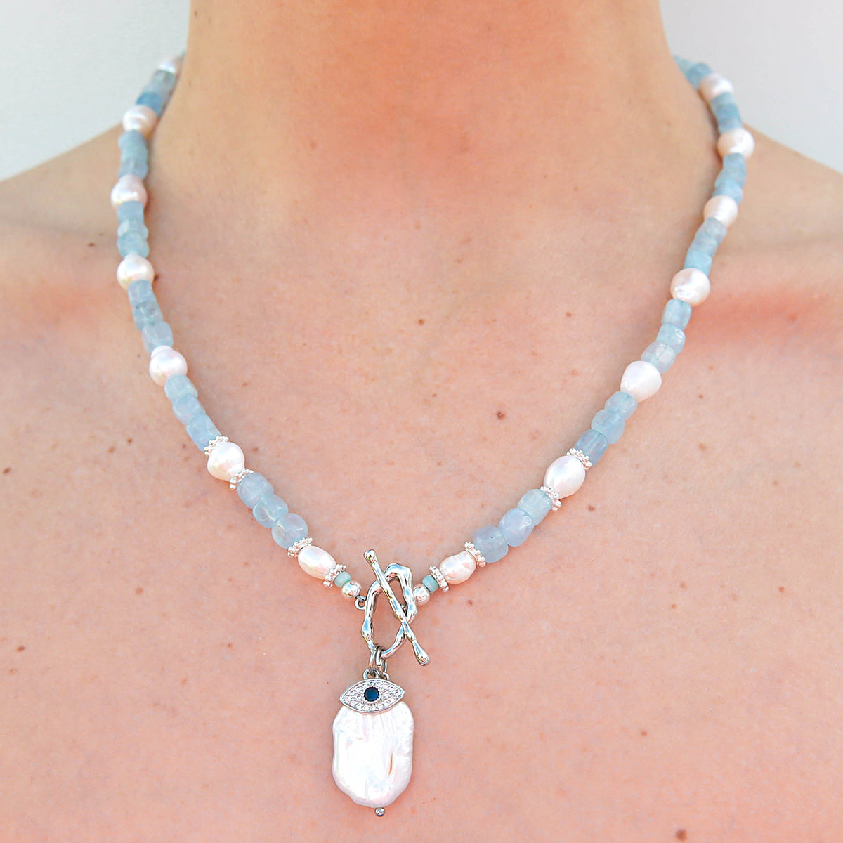 Blue Quartz Evil Eye Fob Necklace - Silver