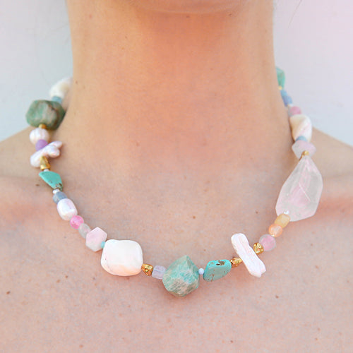 Chunky Gem Necklace with Keshi Pearl