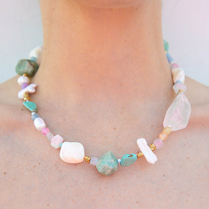 Chunky Gem Necklace with Keshi Pearl