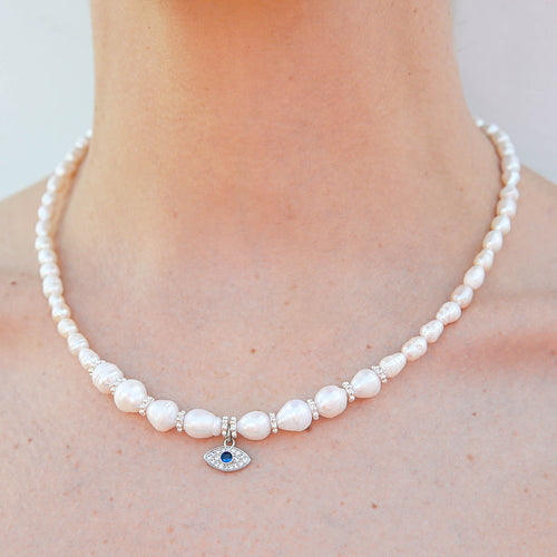 Evil Eye Pearl Necklace - Silver