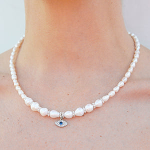 Evil Eye Pearl Necklace - Silver