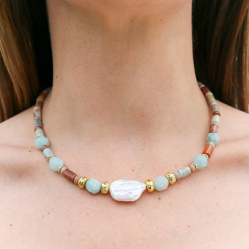 Shoushan stone, Jade and Pearl Necklace