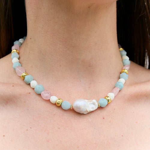 Jade & Rose Quartz Keshi Necklace