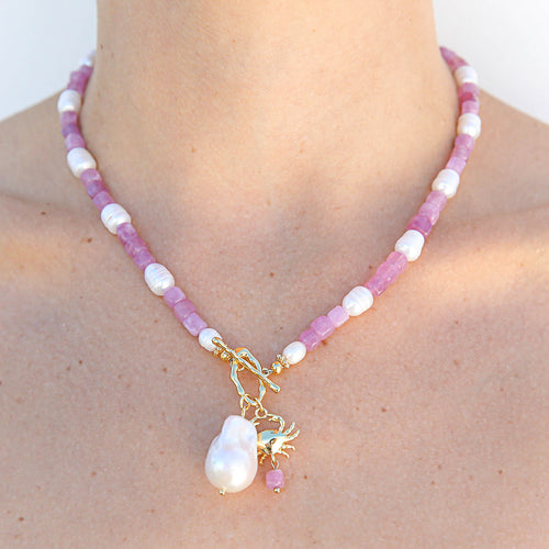 Berry Quartz and Pearl Crab Necklace