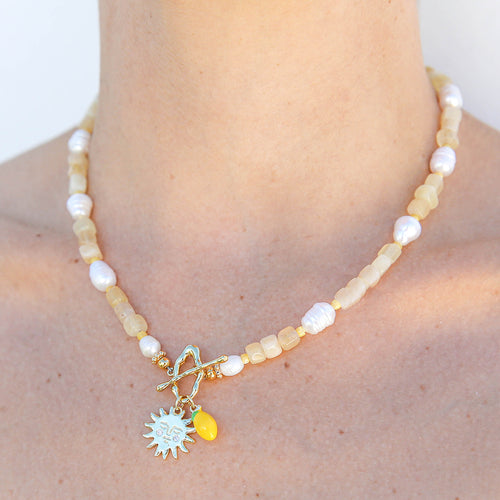 Yellow Quartz and Pearl Heart Necklace