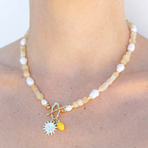 Yellow Quartz and Pearl Heart Necklace