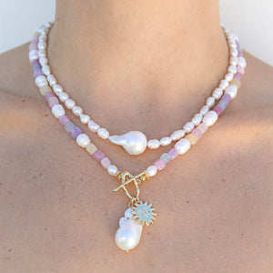 Sherbet Quartz and Pearl Sun Necklace